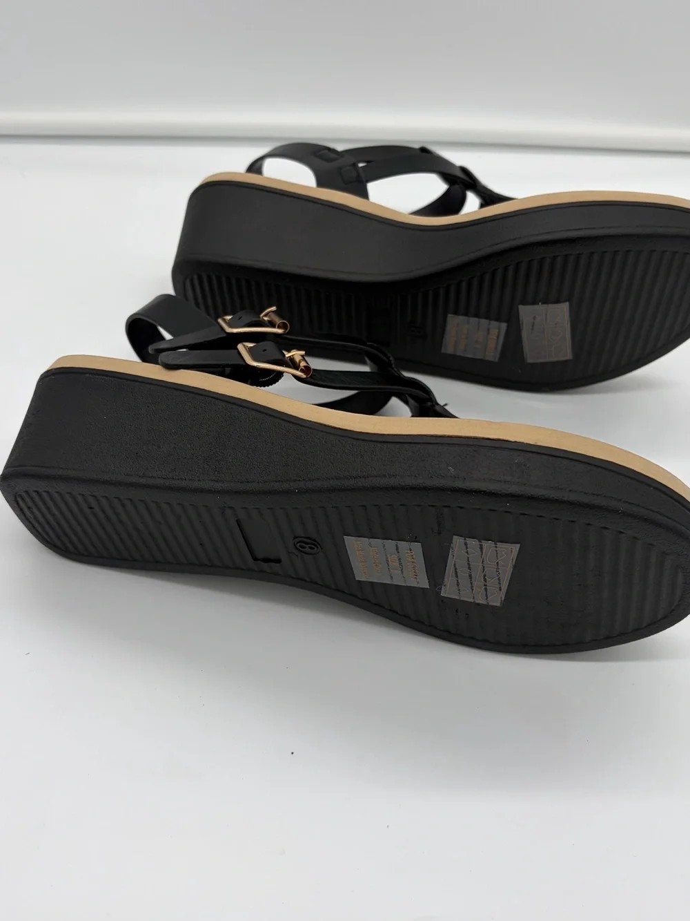 Women's Black T-Strap Sandals with Gold Buckles